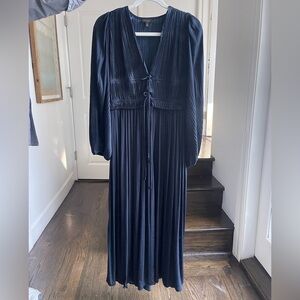 Anthropologie | Current Air, Long Sleeve Navy Blue Satiny V-Neck Midi Dress